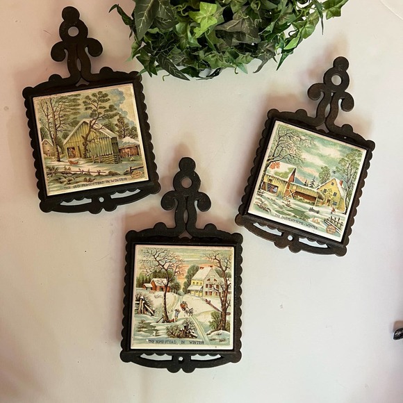 Set of Three Vintage Currier And ives Cast Iron Trivets